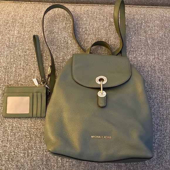 Michael Kors Handbags - Michael Kors-Raven Pebbled Leather Backpack with matching Wallet/Olive Green